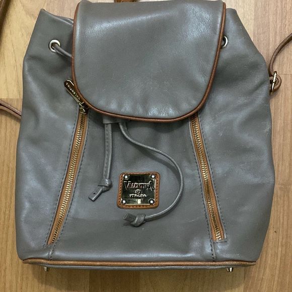 Valentina Taupe Gray Leather Backpack with Brown Leather Trim Made in Italy
